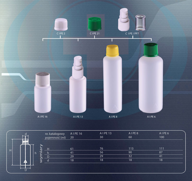 Butelki z tworzyw sztucznych - PE - dla branży farmaceutycznej, kosmetycznej lub spożywczej o pojemności 20-100 ml.