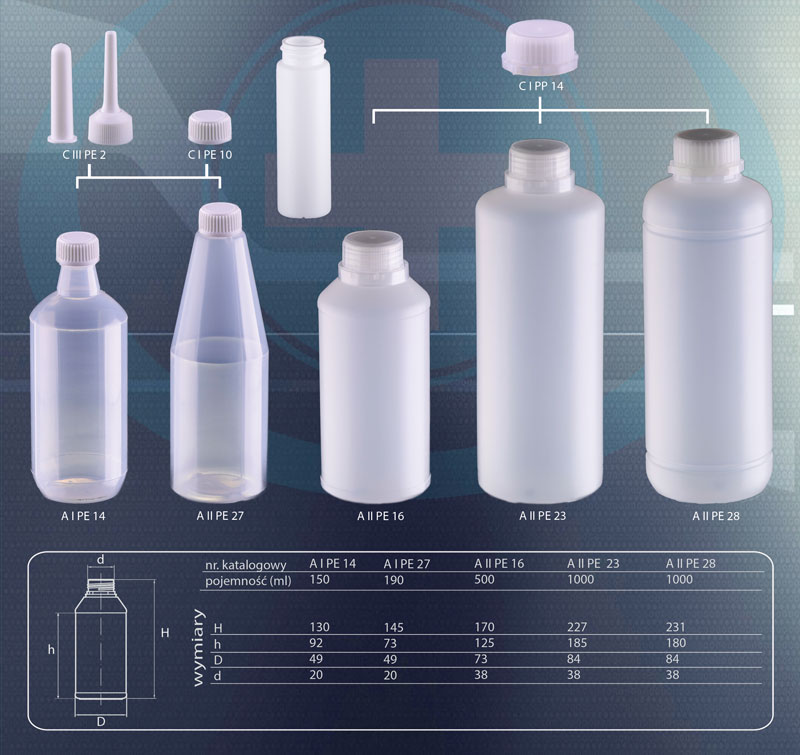 Butelki polietylenowe 150-1000 ml do zastosowania w medycynie, farmacji, kosmetyce lub branży spożywczej